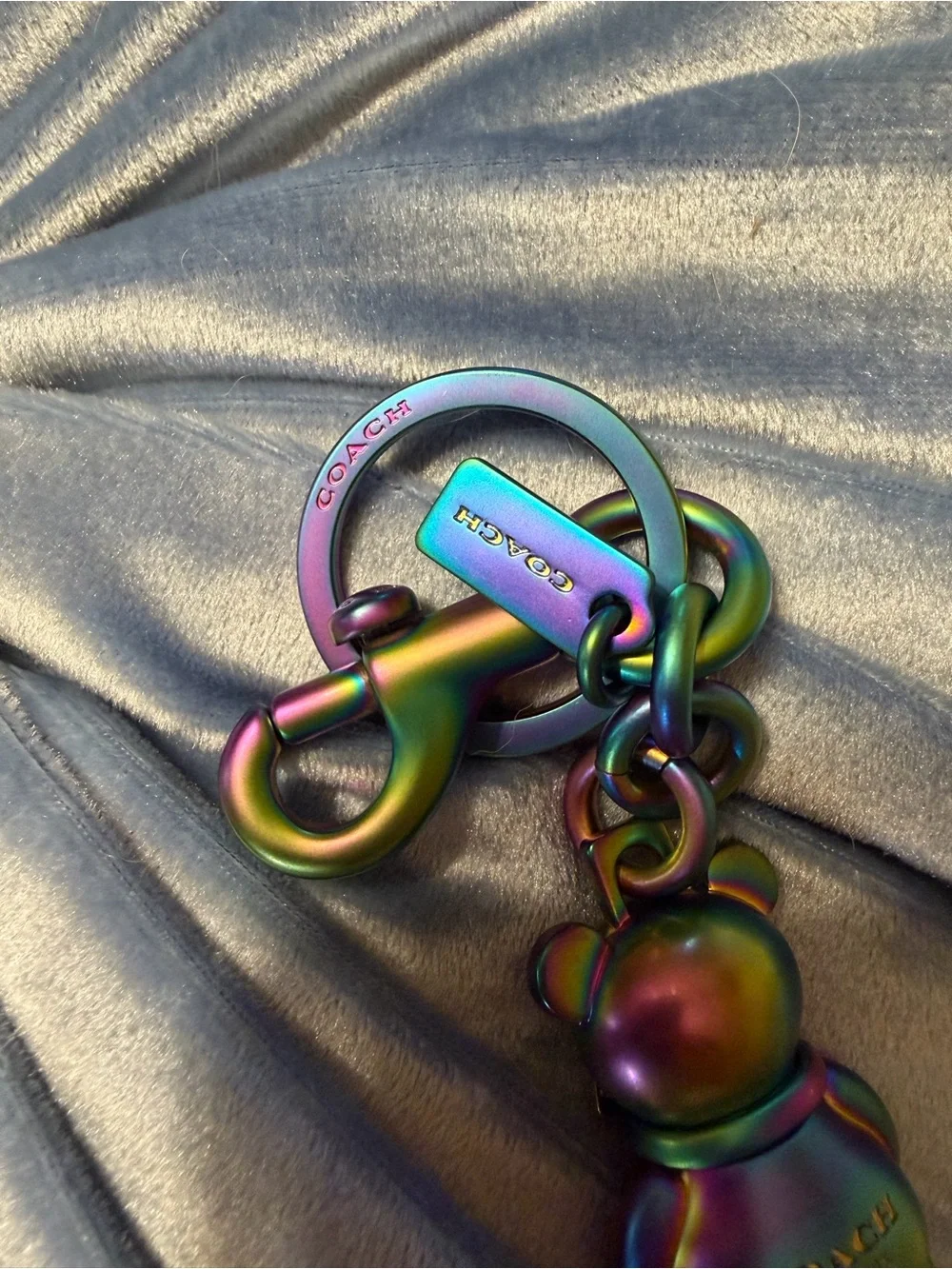 Coach Iridescent Rainbow Oil Slick Teddy Bear Keychain Charm